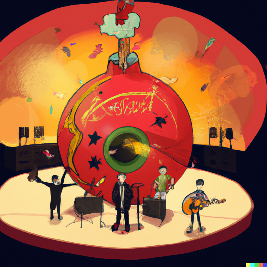 DALL·E 2023-08-14 18.45.02 – the round atomic bomb in a concert hall with clausal musicians